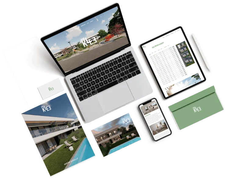 Branding-Mockup mit Laptop, Tablet, Smartphone, Fotos und Briefumschlag
